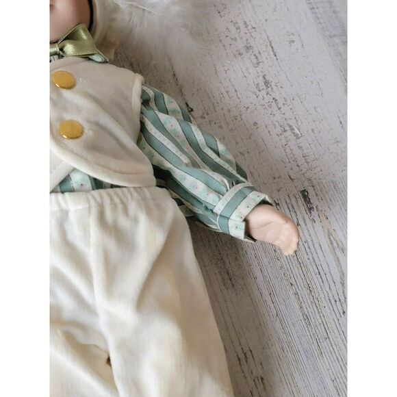 Marian Yu porcelain doll boy white feather hat stripe bow collectible - Picture 9 of 13